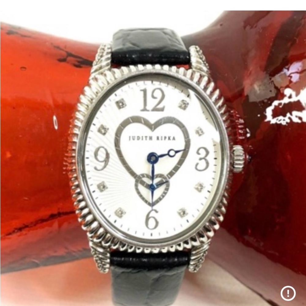 Judith Ripka Black and Silver Watch Mother of Pearl Heart with Leather Strap